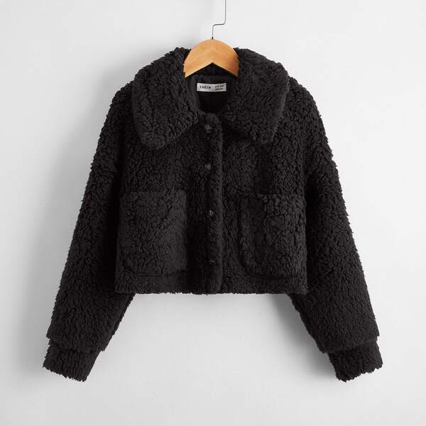 

Girls Pocket Front Drop Shoulder Teddy Jacket, Black