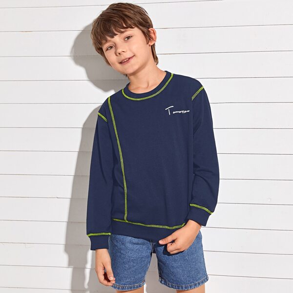 

Boys Letter Graphic Contrast Stitch Pullover, Navy blue