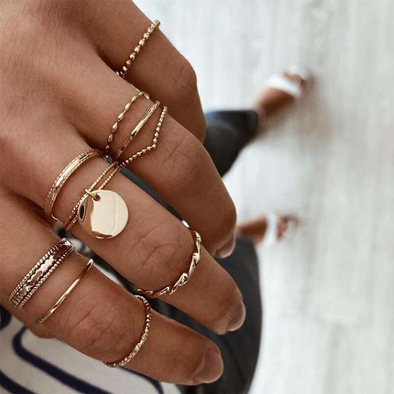 9pcs Textured Coin Ring, Gold