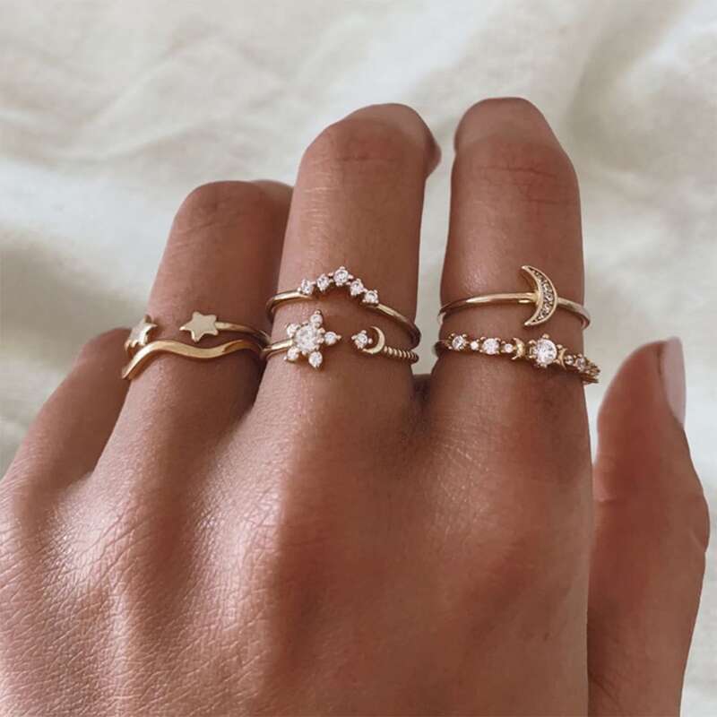 

6pcs Rhinestone Star & Moon Ring, Gold