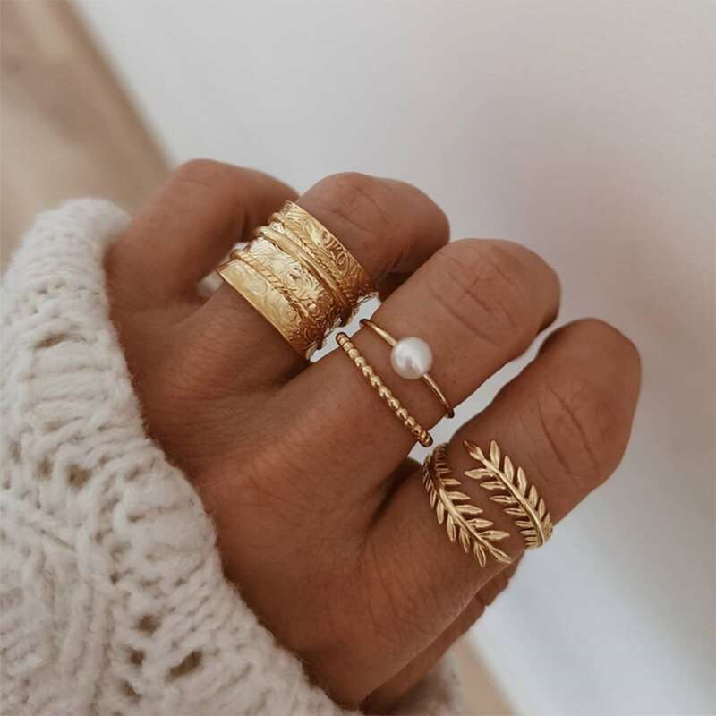 

4pcs Faux Pearl Leaf Ring, Gold