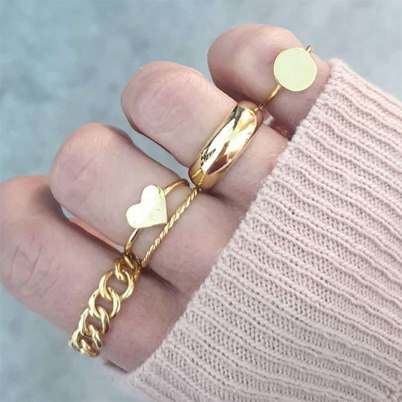 

5pcs Coin & Heart Ring, Gold