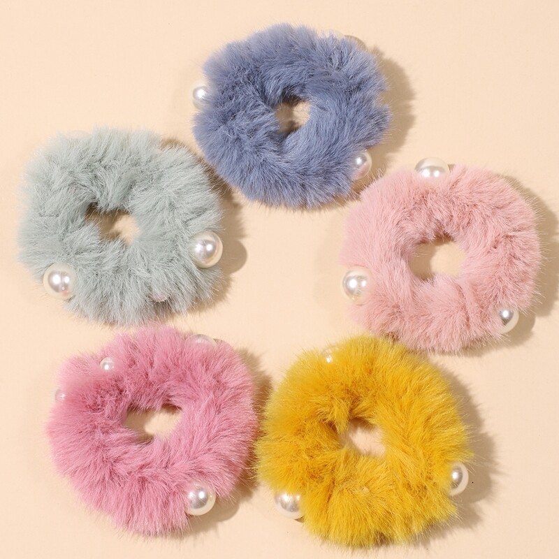 

5pcs Faux Pearl Fluffy Hair Tie, Multicolor