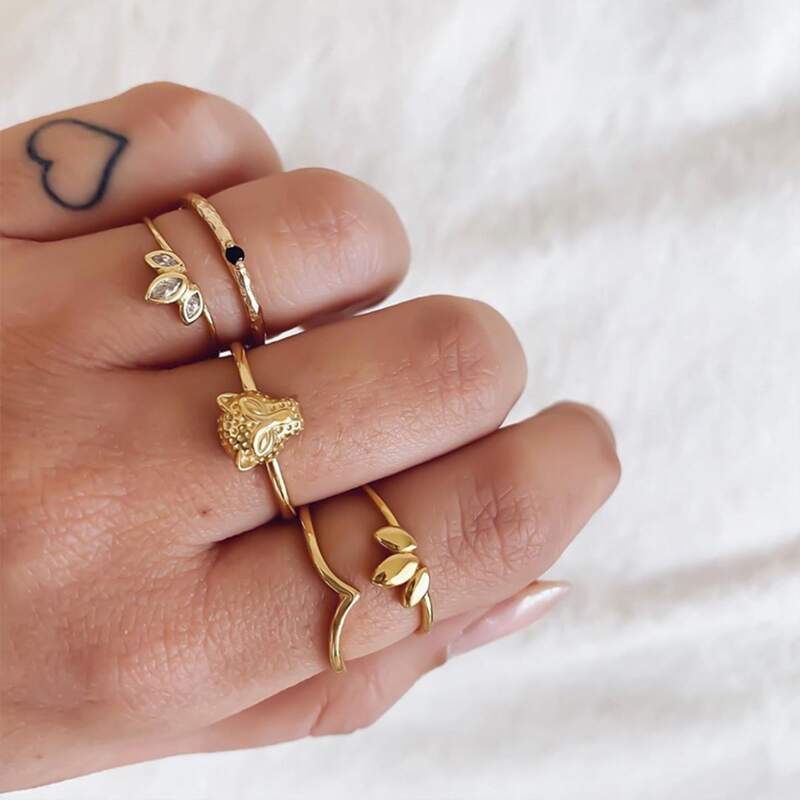 

5pcs Rhinestone Leopard Ring, Gold