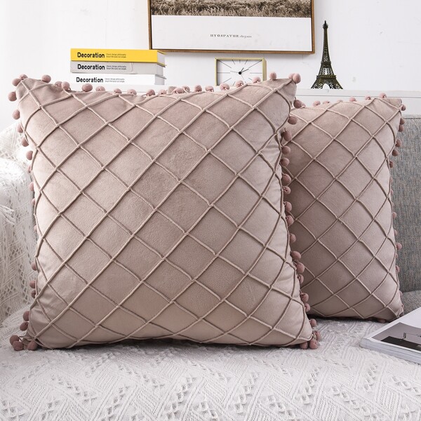 

1pc Pom Pom Decor Cushion Cover Without Filler, Apricot