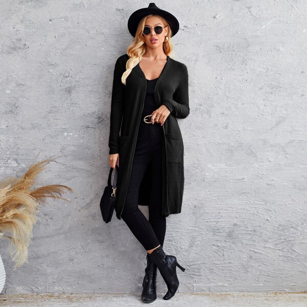 

Pocket Patched Open Front Rib-knit Coat, Black