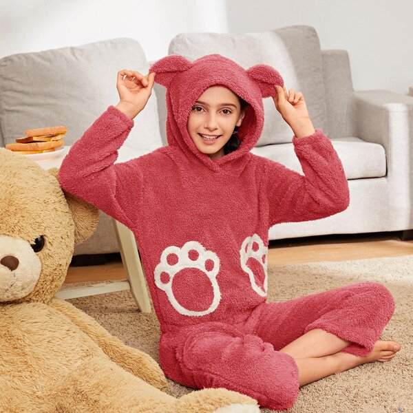 

Girls 3D Bear Ears Design Teddy Hoodie & Pants PJ Set, Watermelon pink