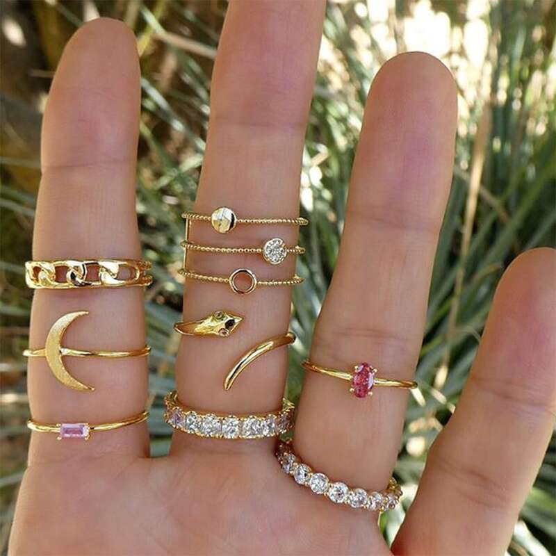 

10pcs Rhinestone Moon & Snake Ring, Gold