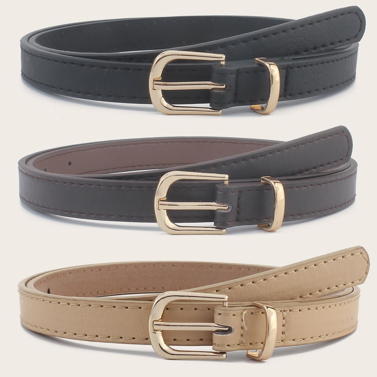 

3pcs Solid Skinny Belt, Multicolor