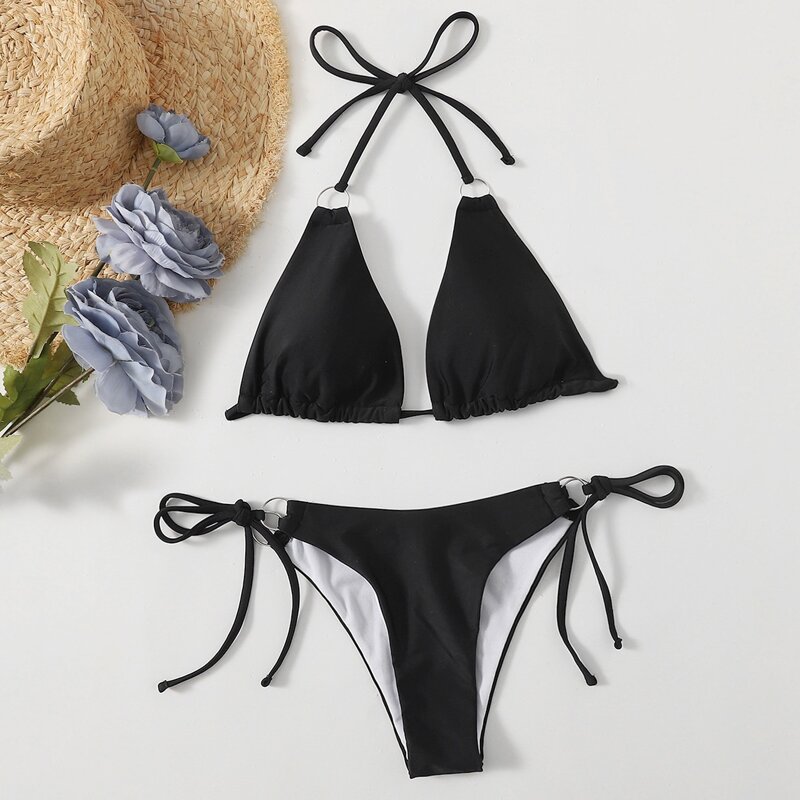 

O-ring Linked Tie Side Bikini Swimsuit, Black