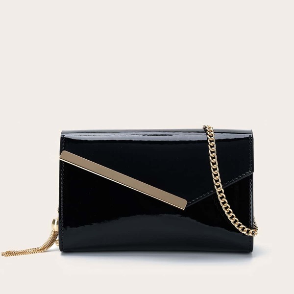 

Tassel Charm Metal Edge Patent Leather Chain Bag, Black