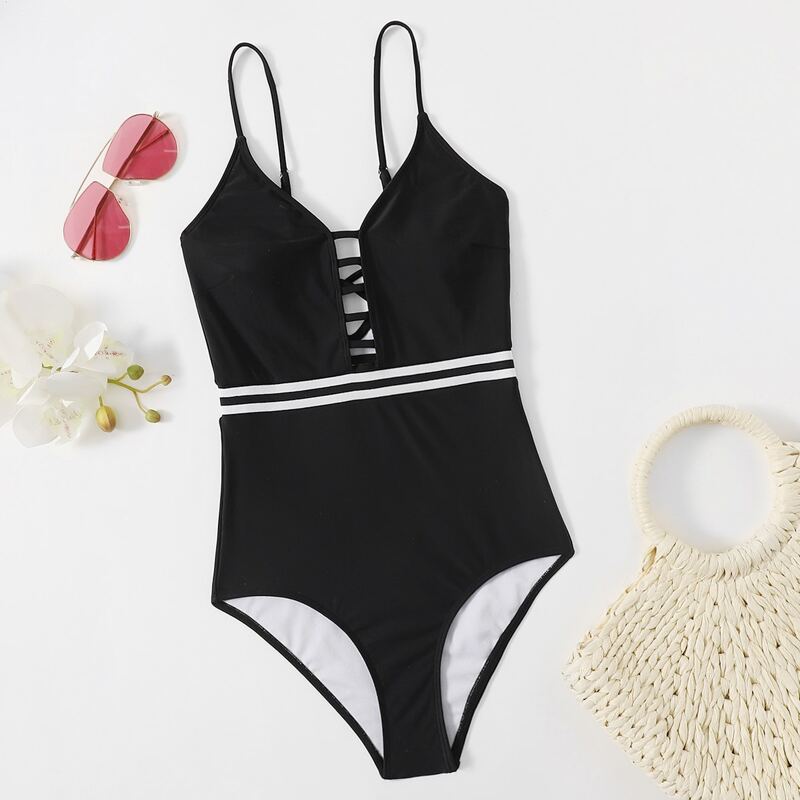 

Striped Tape Cut Out One Piece Swimsuit, Black