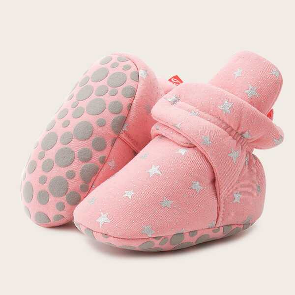 

Baby Girl Star Print Velcro Strap Warm Boots, Coral pink