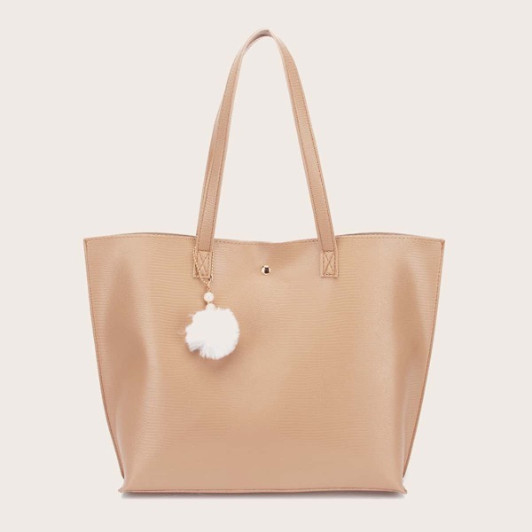 

Pom Pom Decor Lizard Shoulder Tote Bag, Khaki