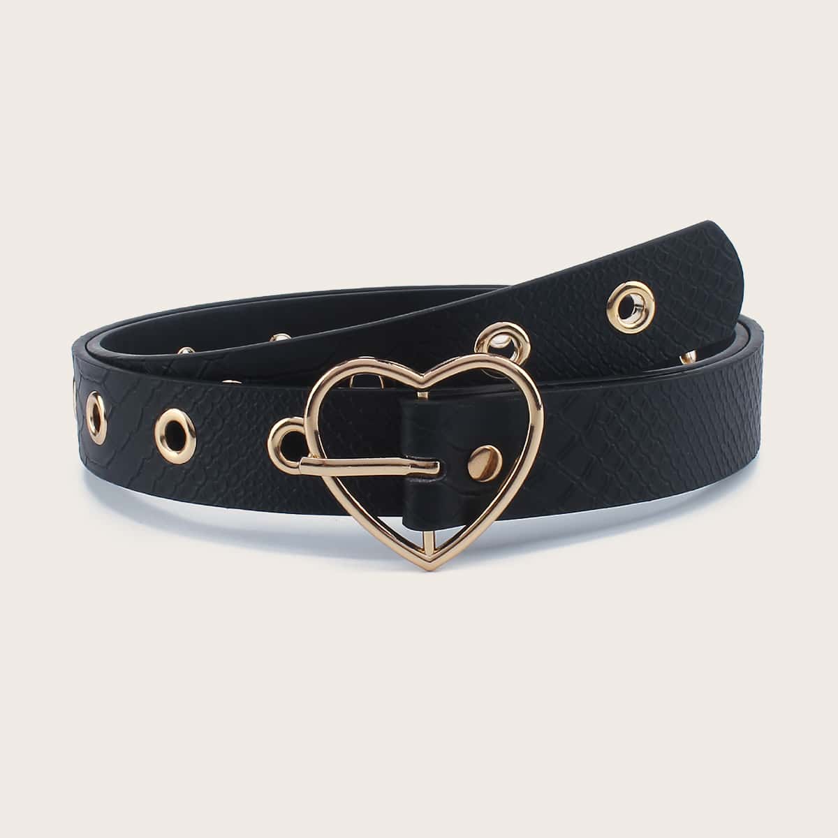 

Croc Embossed Heart Buckle Belt, Black