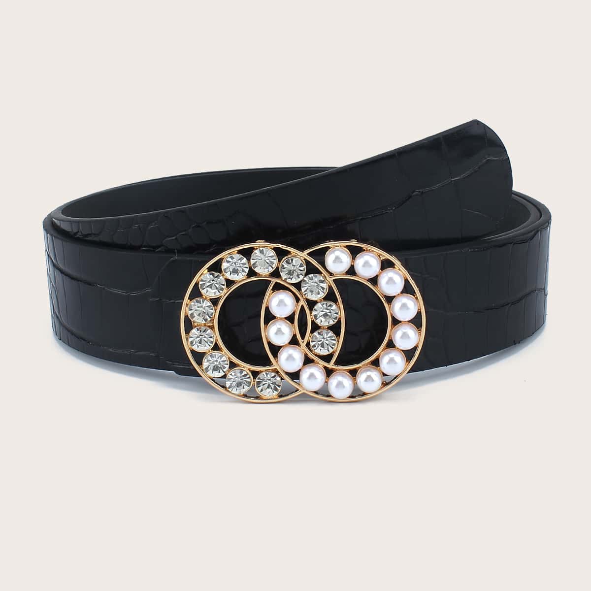 

Rhinestone & Faux Pearl Buckle Belt, Black