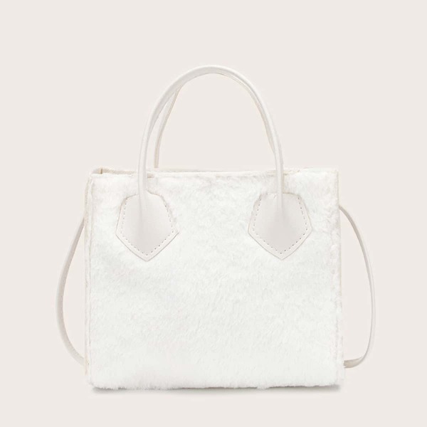 

Double Handle Fluffy Satchel Bag, White