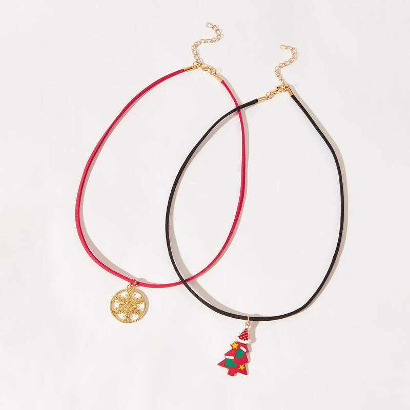 

2pcs Christmas Tree & Snowflake Pendant Necklace, Multicolor