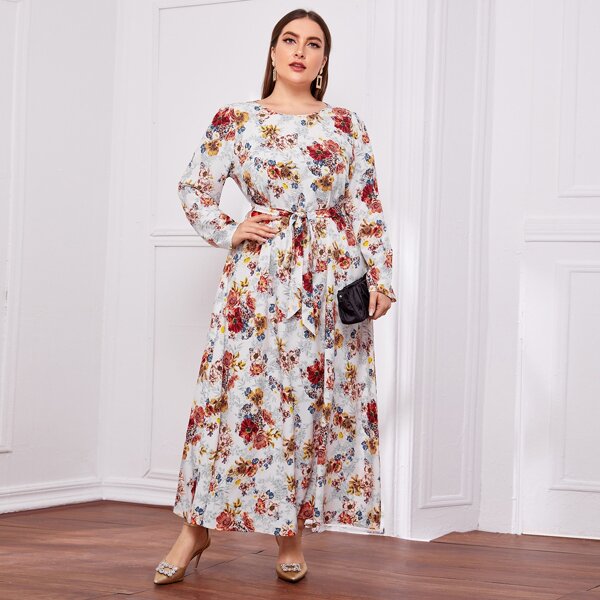 

Plus Floral Print Self Belted Dress, Multicolor