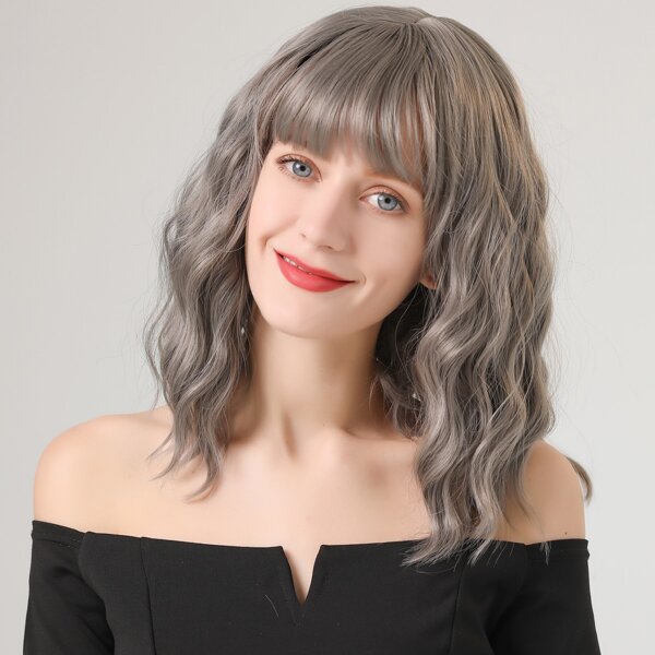 

Natural Curly Wig With Bangs, Grey