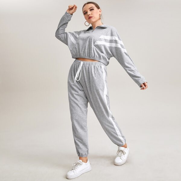 

Plus Striped Quarter Zip Sweatshirt & Drawstring Waist Sweatpants, Light grey