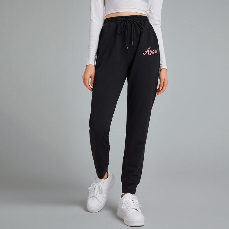 

Letter Graphic Drawstring Sweatpants, Black