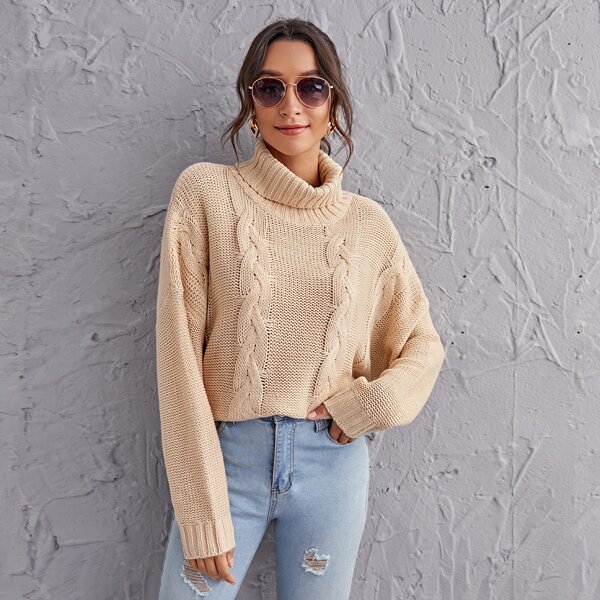 

Rolled Neck Cable Knit Sweater, Apricot