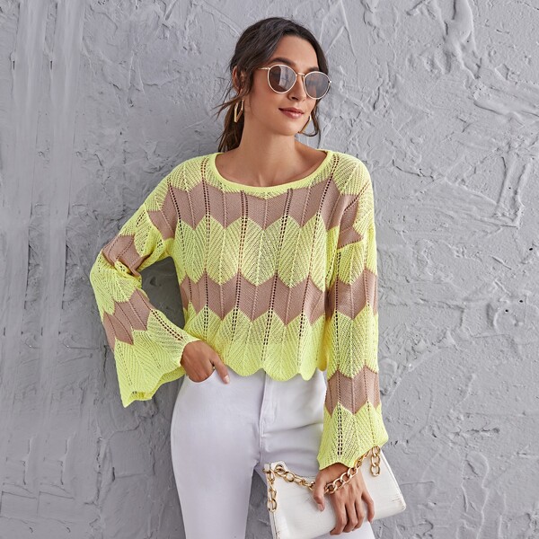 

Bell Sleeve Colorblock Open Knit Sweater, Multicolor