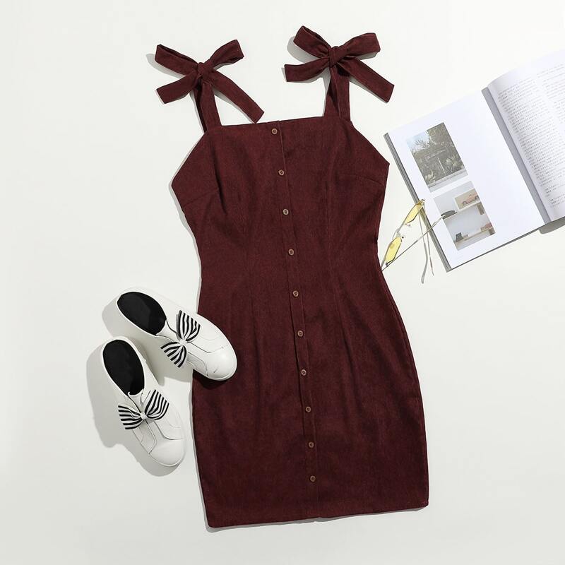 

Solid Corduroy Button Front Dress, Maroon