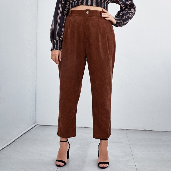 

Plus Button Waist Tailored Pants, Rust brown