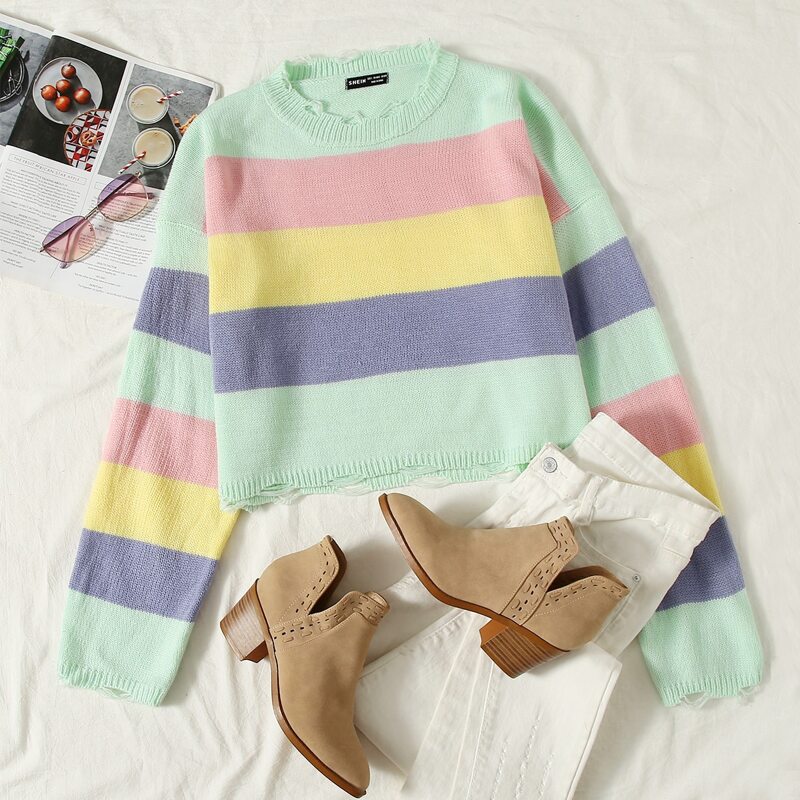 

Drop Shoulder Colorblock Distressed Sweater, Multicolor