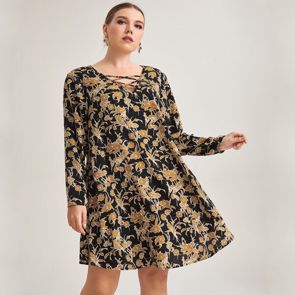 

Plus Crisscross Neck Allover Floral Print Dress, Multicolor