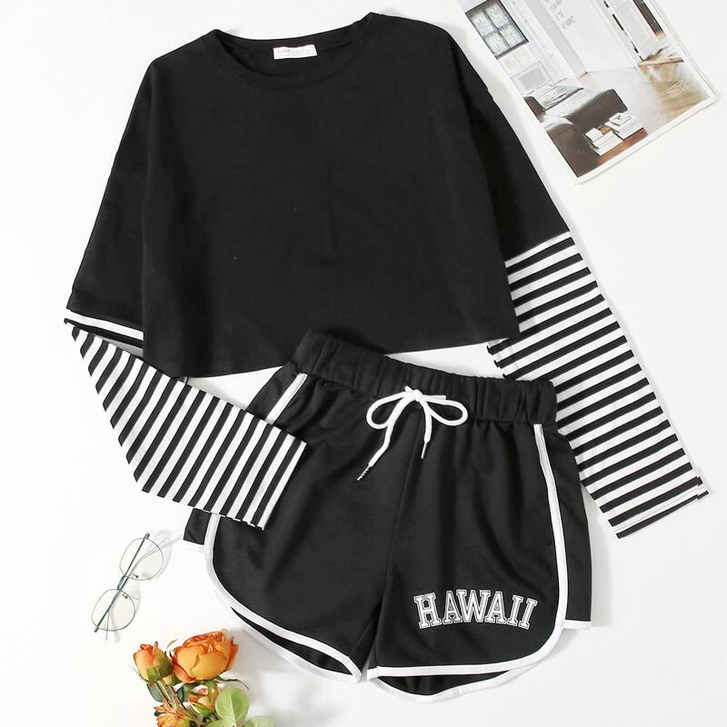

2 In 1 Striped Sleeve Tee & Letter Dolphin Shorts, Black and white