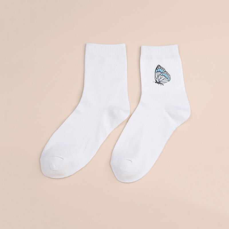 

1pair Butterfly Print Crew Socks, White