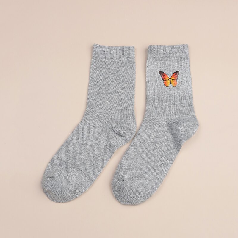 

1pair Butterfly Print Crew Socks, Grey