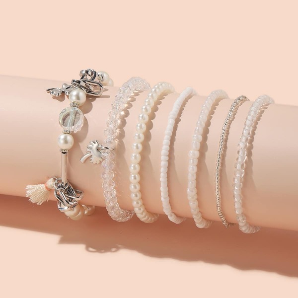 

7pcs Tassel Charm Faux Pearl Beaded Bracelet, Multicolor