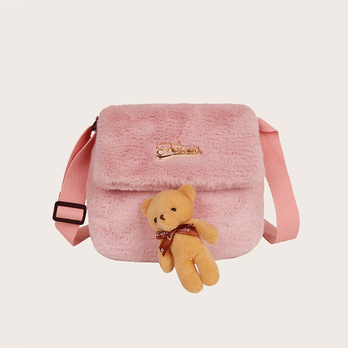 Bear Decor Fluffy Saddle bag, Dusty pink