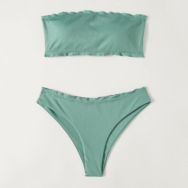 

Rib Lettuce Trim Bandeau Bikini Swimsuit, Mint green