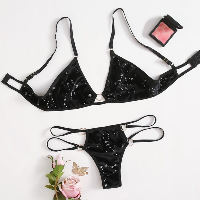 

Velvet Galaxy Print Cut Out Lingerie Set, Black