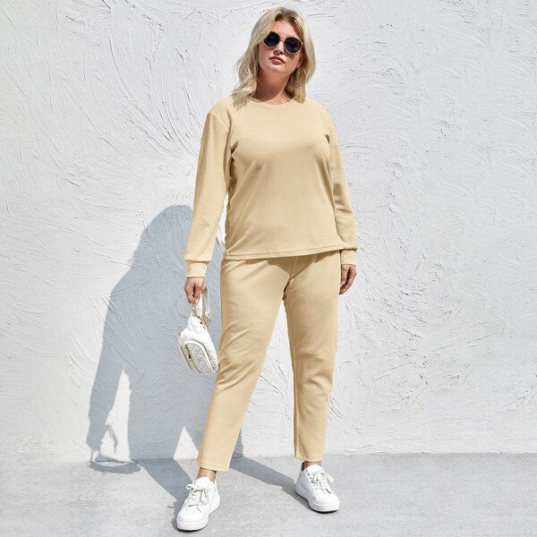 

Plus Solid Sweatshirt & Tapered Pants, Apricot