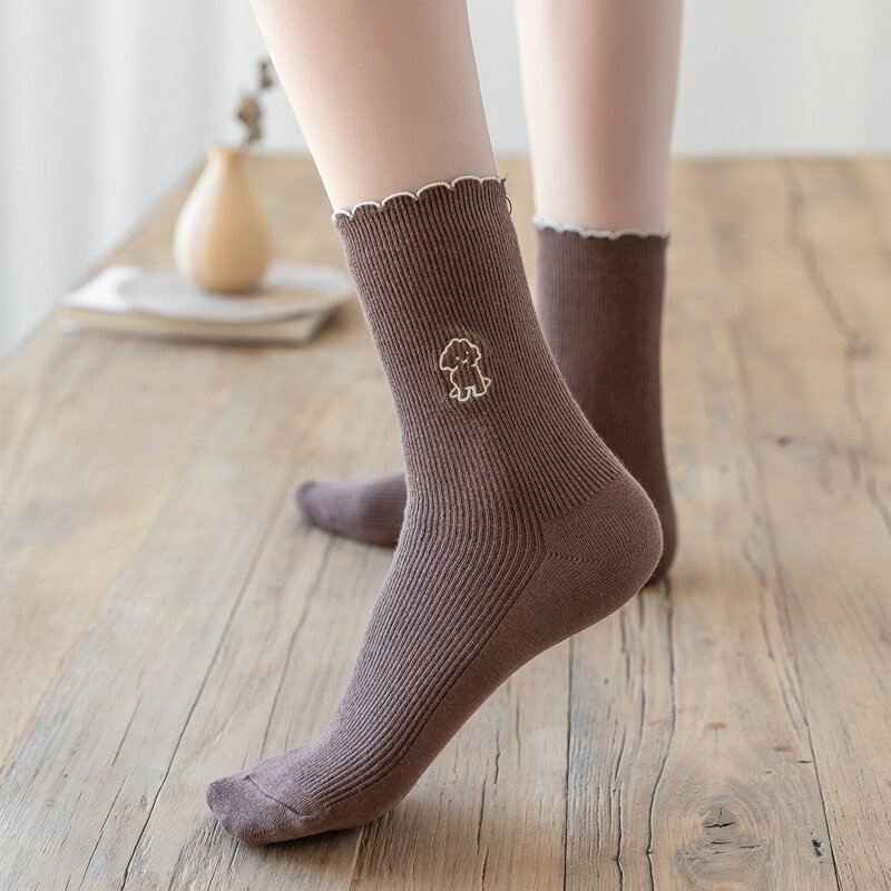 

1pair Cartoon Embroidery Crew Socks, Coffee brown