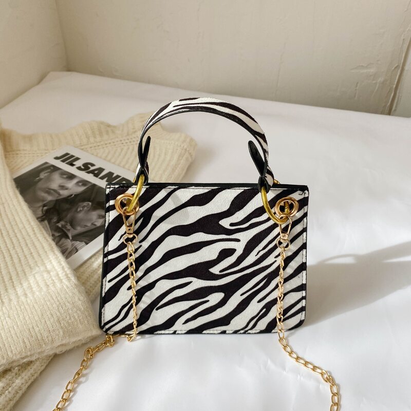 

Zebra Striped Chain Satchel Bag, Black and white