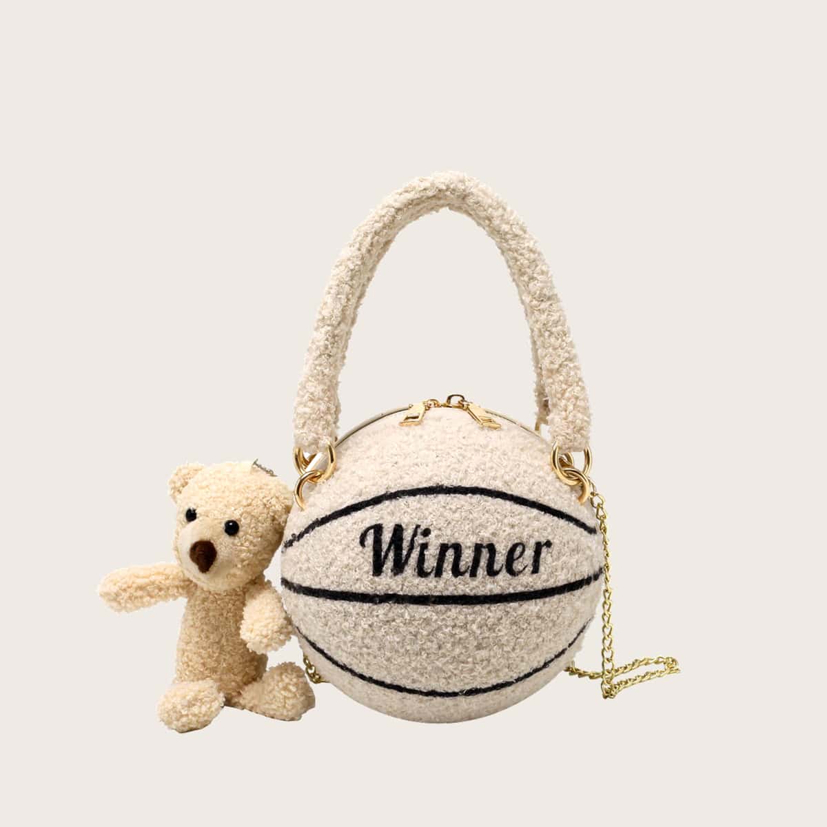 

Letter Fluffy Ball Shaped Satchel Bag, Beige