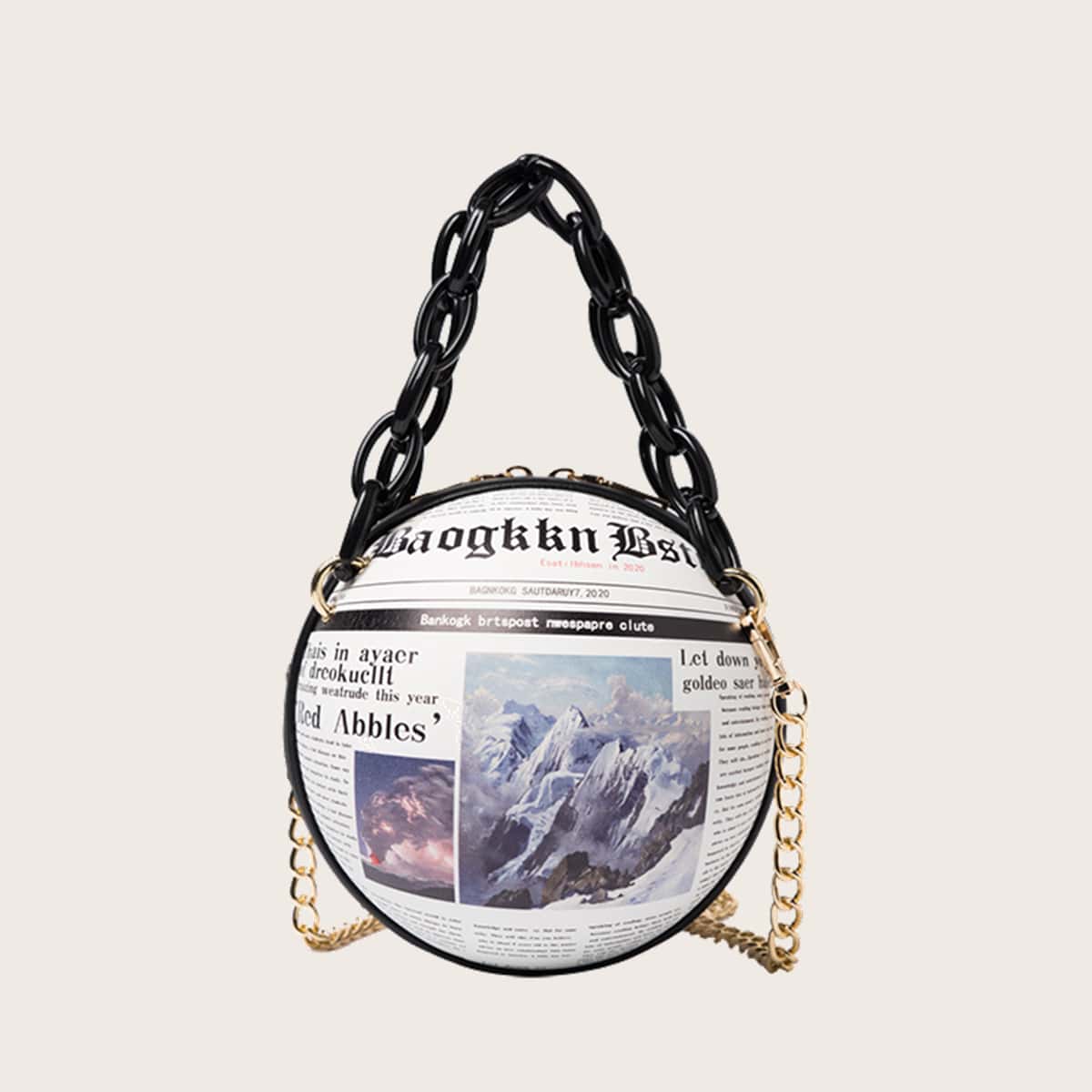 

Newspaper Print Ball Shaped Satchel Bag, Multicolor