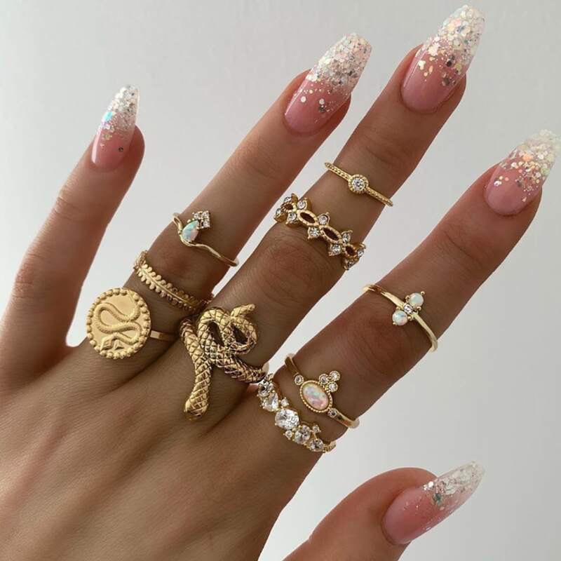 

9pcs Rhinestone Snake Ring, Gold