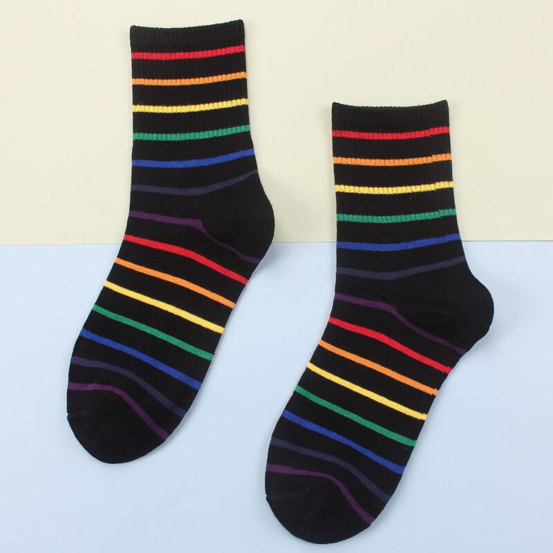 

1pair Rainbow Stripe Crew Socks, Black
