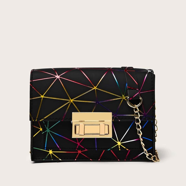 

Geometric Pattern Chain Crossbody Bag, Black
