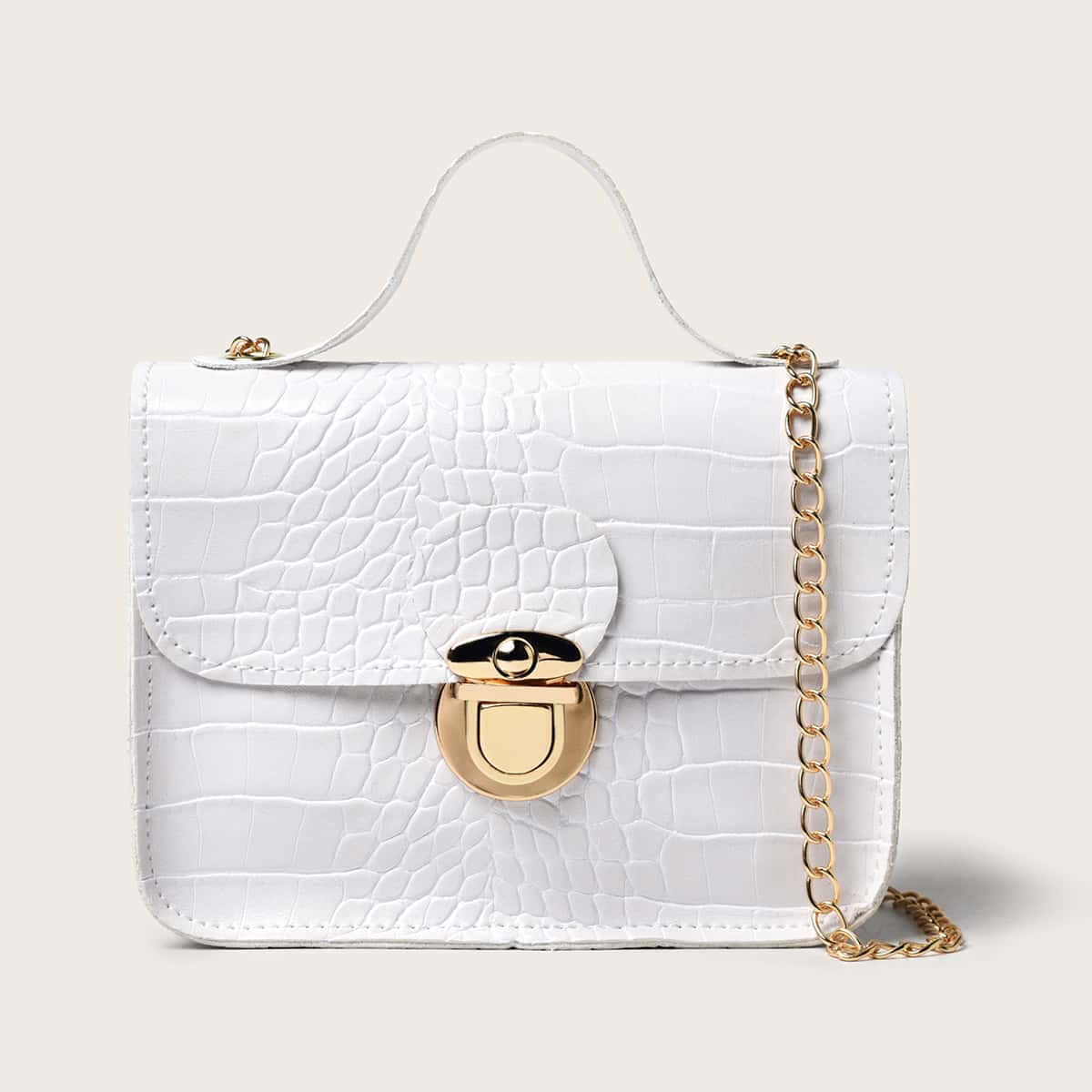 

Croc Embossed Chain Satchel Bag, White