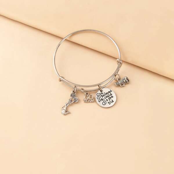 

Letter Design Round Charm Bangle, Silver