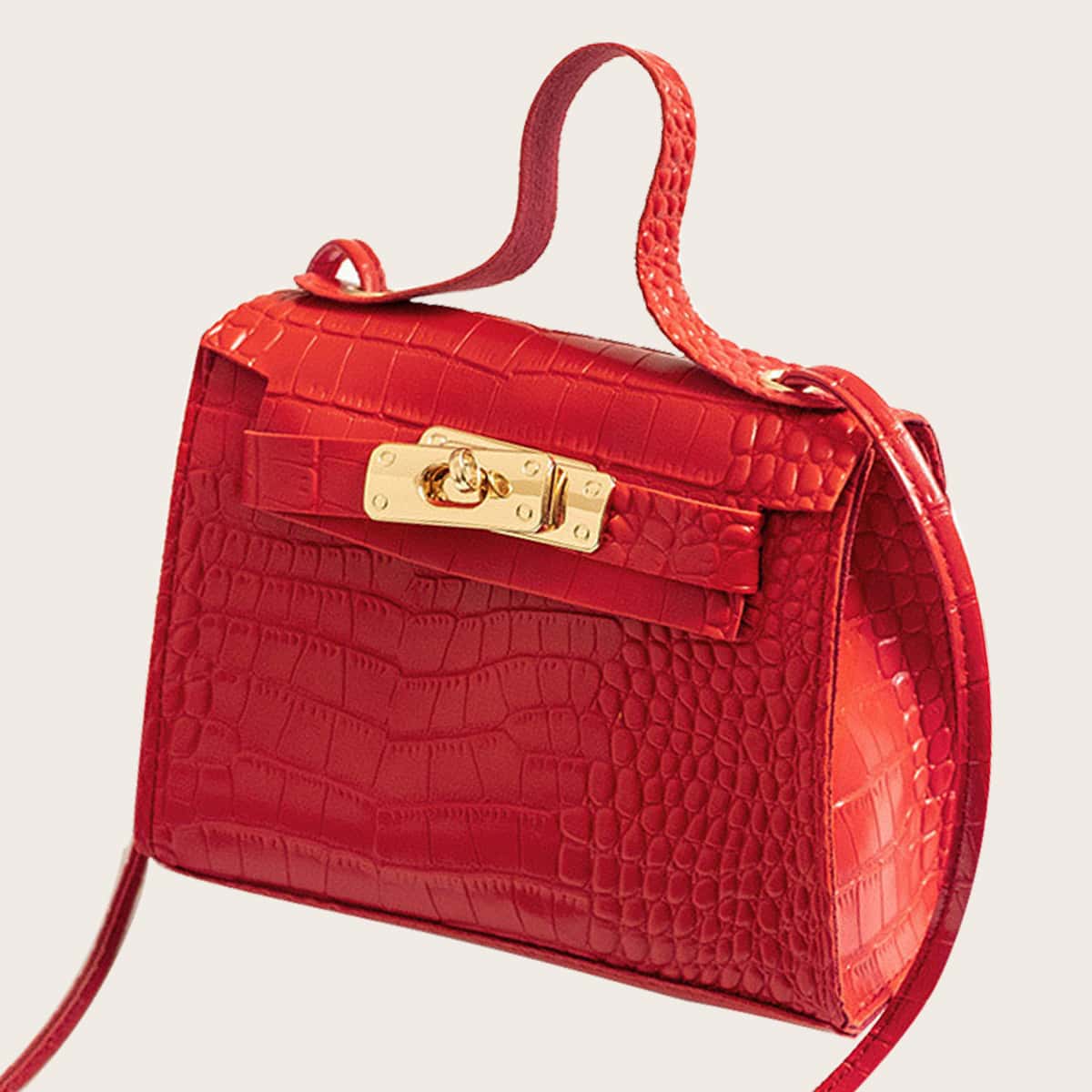

Croc Embossed Satchel Bag, Red